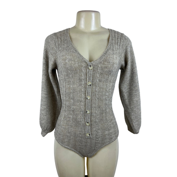 Tach Women’s Brown Cable Knit V Neck Long Sleeve Bodysuit Sweater Size S