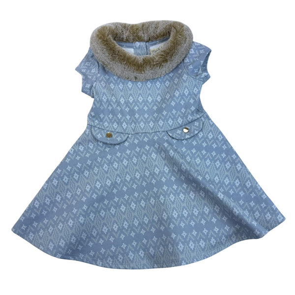 Hope & Henry Girls Blue Organic Blend Dress Faux Fur Collar 12-18M Winter - New