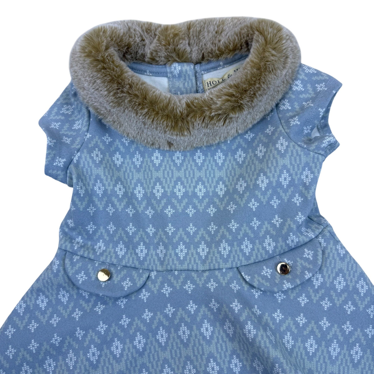 Hope & Henry Girls Blue Organic Blend Dress Faux Fur Collar 12-18M Winter - New