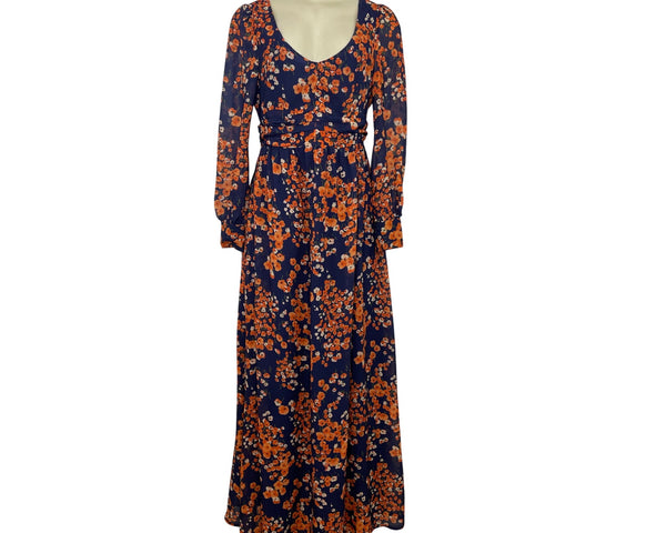 Women’s Floral Navy & Orange Long Sleeve Maxi Dress With Button Details Sz 4