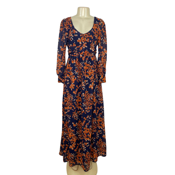 Women’s Floral Navy & Orange Long Sleeve Maxi Dress With Button Details Sz 4