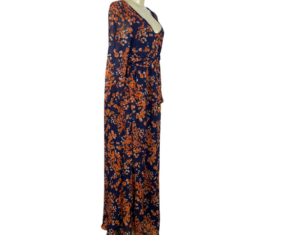 Women’s Floral Navy & Orange Long Sleeve Maxi Dress With Button Details Sz 4