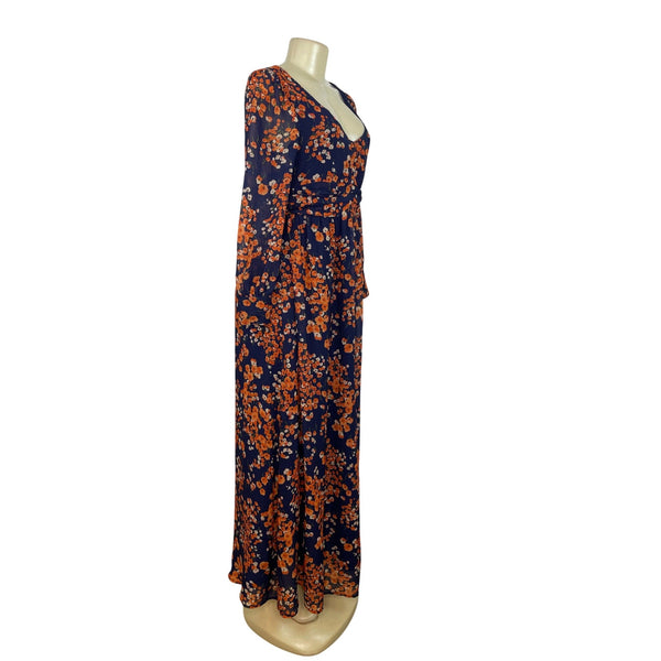 Women’s Floral Navy & Orange Long Sleeve Maxi Dress With Button Details Sz 4