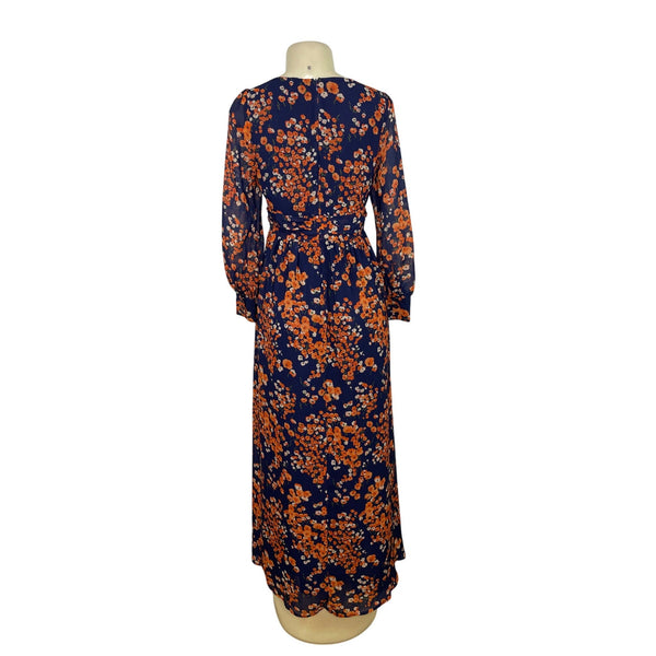 Women’s Floral Navy & Orange Long Sleeve Maxi Dress With Button Details Sz 4