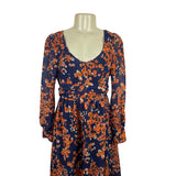 Women’s Floral Navy & Orange Long Sleeve Maxi Dress With Button Details Sz 4