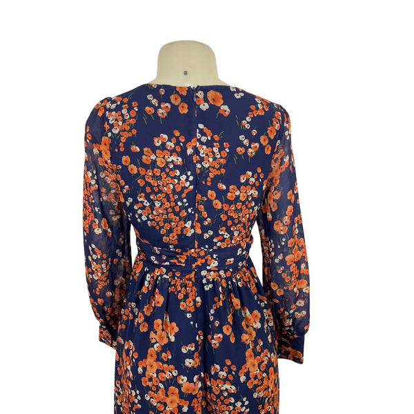 Women’s Floral Navy & Orange Long Sleeve Maxi Dress With Button Details Sz 4