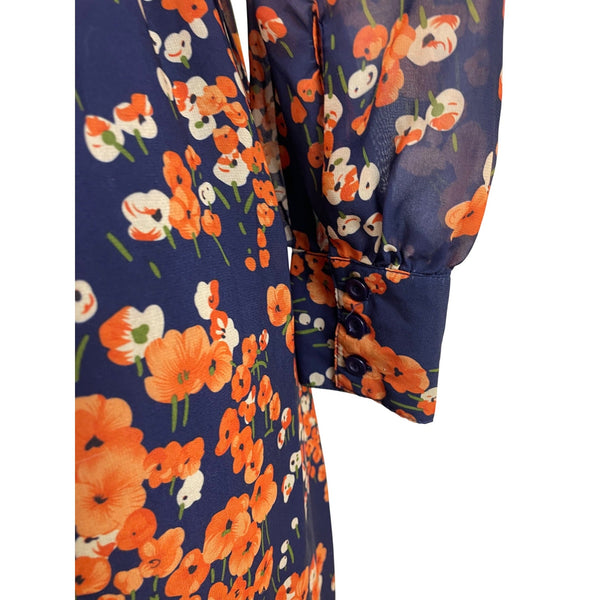 Women’s Floral Navy & Orange Long Sleeve Maxi Dress With Button Details Sz 4