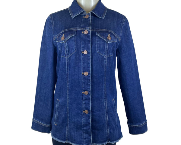 Chico’s Blue Ladies Denim Button Front Frayed Hem Jacket Long Sleeves Sz 8/10