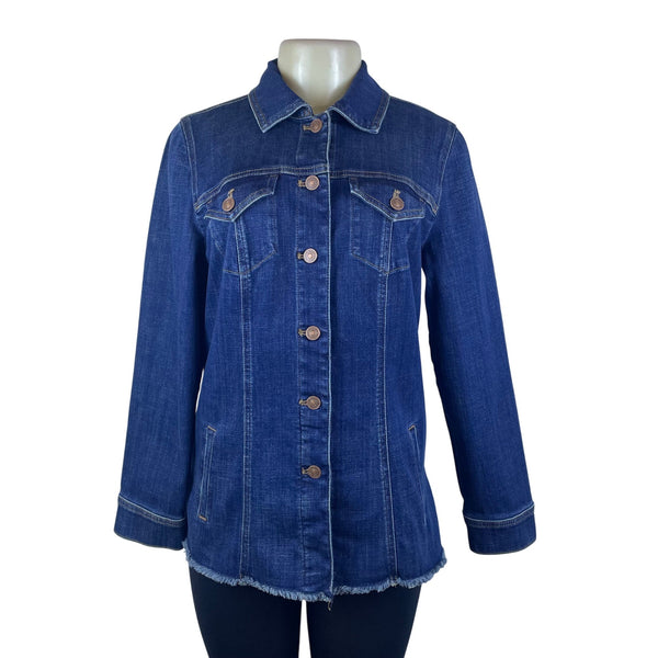 Chico’s Blue Ladies Denim Button Front Frayed Hem Jacket Long Sleeves Sz 8/10