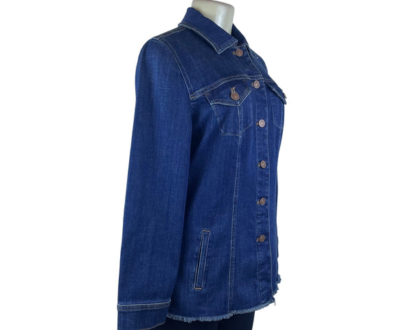 Chico’s Blue Ladies Denim Button Front Frayed Hem Jacket Long Sleeves Sz 8/10