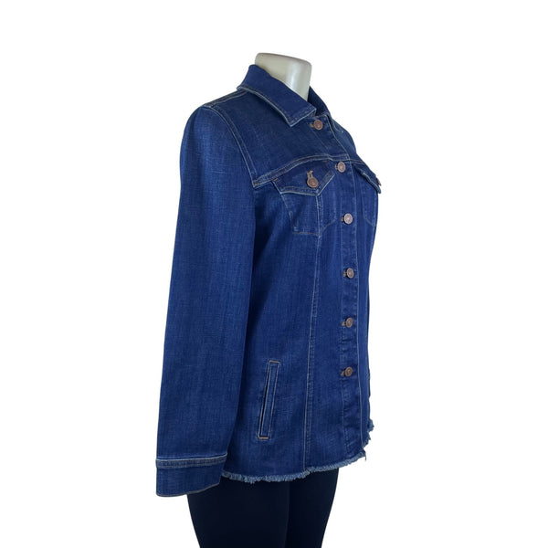 Chico’s Blue Ladies Denim Button Front Frayed Hem Jacket Long Sleeves Sz 8/10