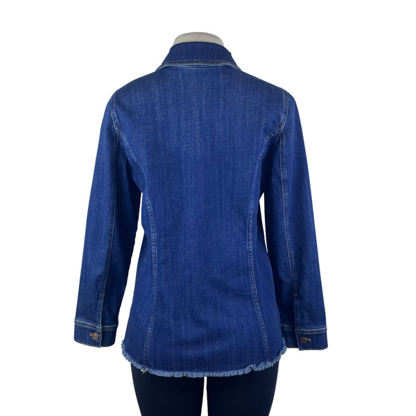 Chico’s Blue Ladies Denim Button Front Frayed Hem Jacket Long Sleeves Sz 8/10