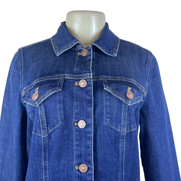 Chico’s Blue Ladies Denim Button Front Frayed Hem Jacket Long Sleeves Sz 8/10