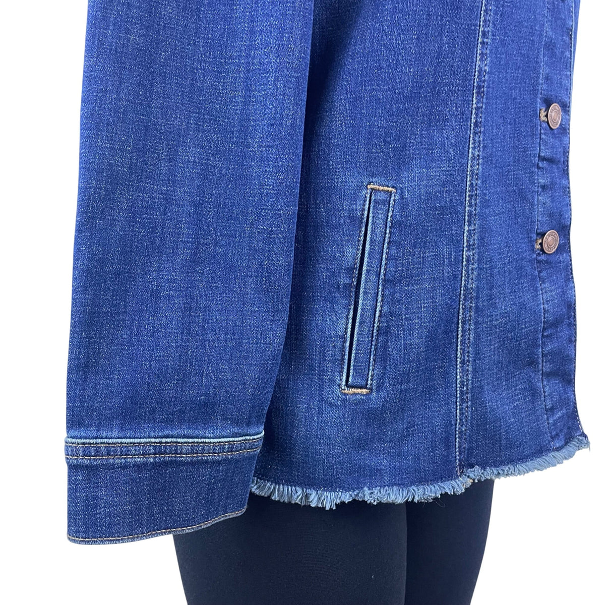 Chico’s Blue Ladies Denim Button Front Frayed Hem Jacket Long Sleeves Sz 8/10