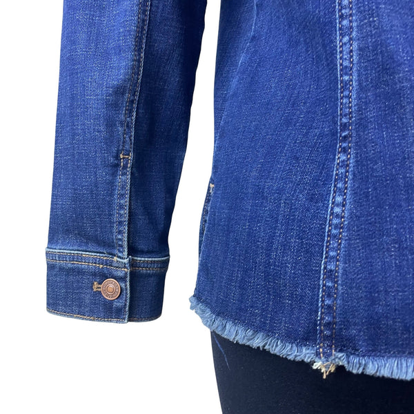 Chico’s Blue Ladies Denim Button Front Frayed Hem Jacket Long Sleeves Sz 8/10