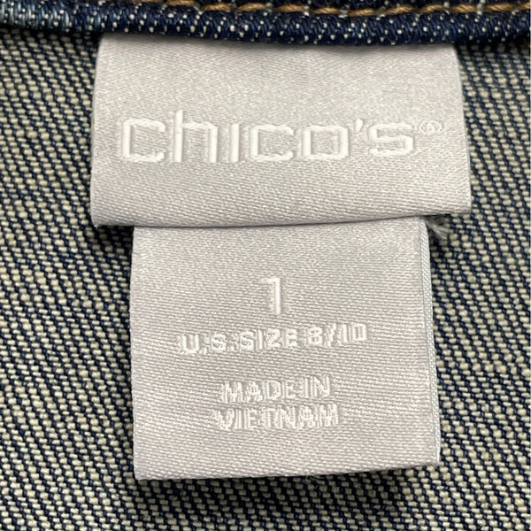 Chico’s Blue Ladies Denim Button Front Frayed Hem Jacket Long Sleeves Sz 8/10