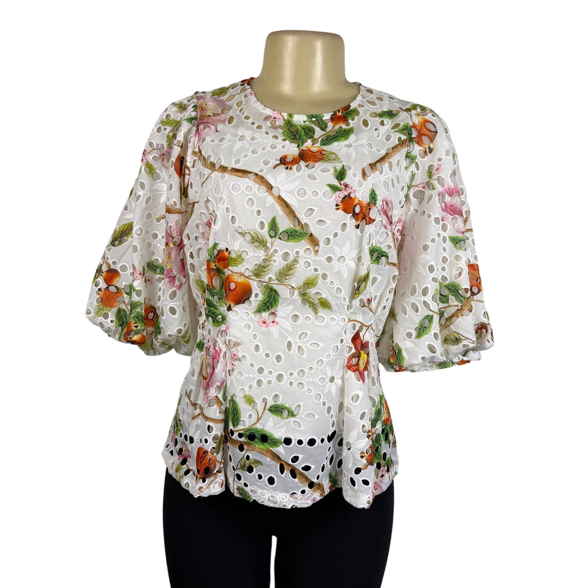 Gracia Womens White Floral Eyelet Lace Peplum Top  Size M