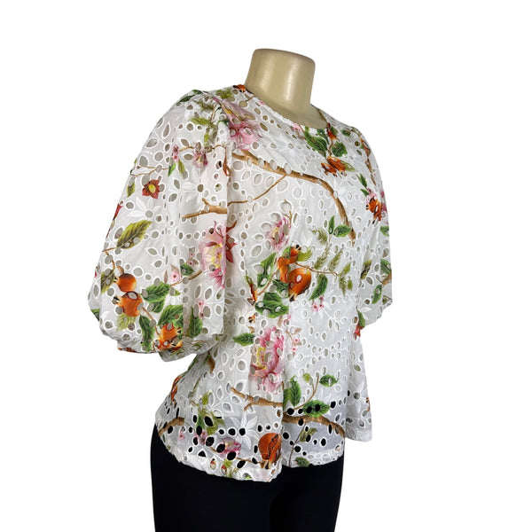 Gracia Womens White Floral Eyelet Lace Peplum Top  Size M
