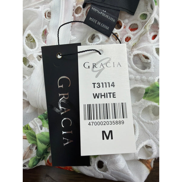 Gracia Womens White Floral Eyelet Lace Peplum Top  Size M