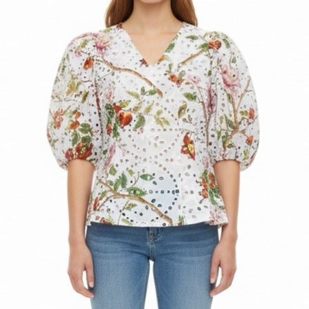Gracia Womens White Floral Eyelet Lace Peplum Top  Size M
