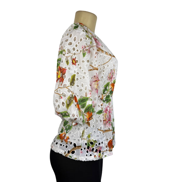 Gracia Womens White Floral Eyelet Lace Peplum Top  Size M