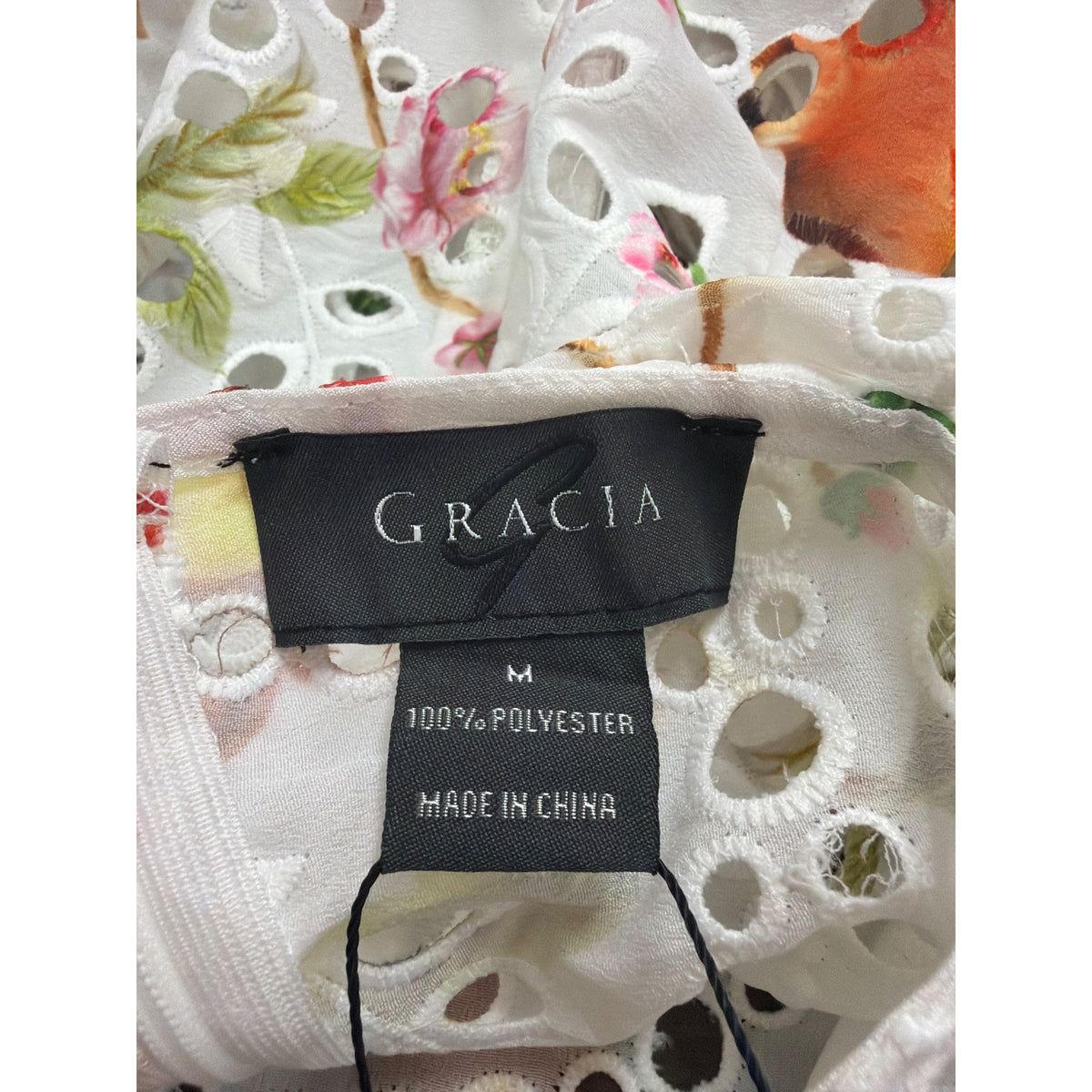 Gracia Womens White Floral Eyelet Lace Peplum Top  Size M