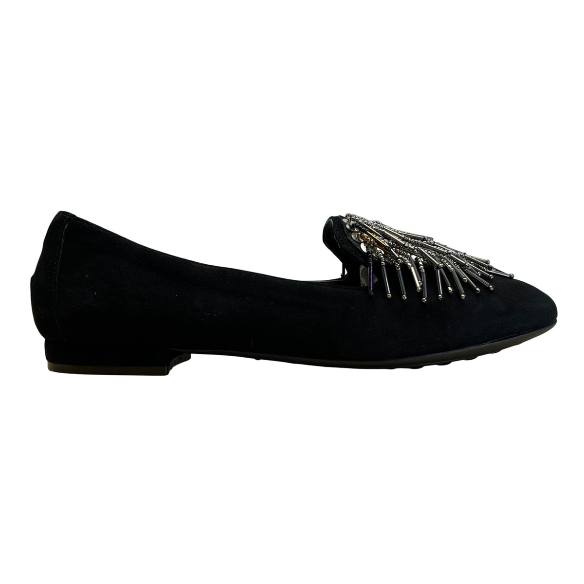 Sesto Meucci Black Suede With Beaded Fringe Embellishment Loafers Sz 7.5 N