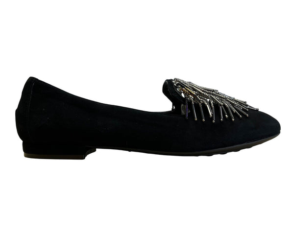 Sesto Meucci Black Suede With Beaded Fringe Embellishment Loafers Sz 7.5 N