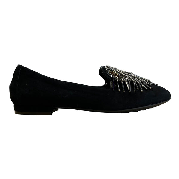Sesto Meucci Black Suede With Beaded Fringe Embellishment Loafers Sz 7.5 N