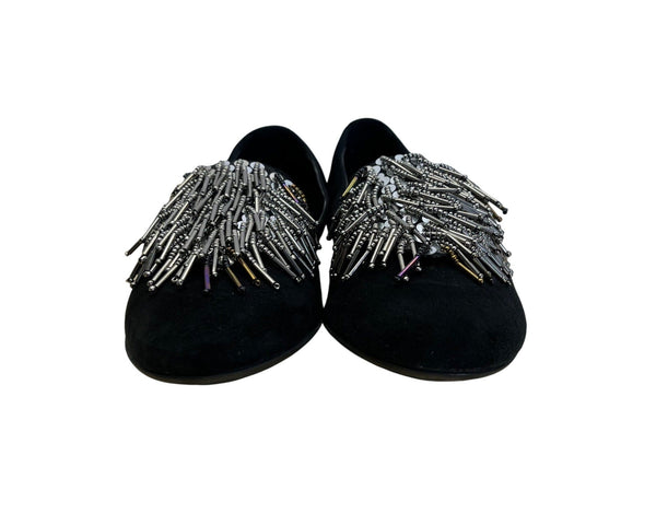 Sesto Meucci Black Suede With Beaded Fringe Embellishment Loafers Sz 7.5 N