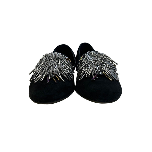 Sesto Meucci Black Suede With Beaded Fringe Embellishment Loafers Sz 7.5 N