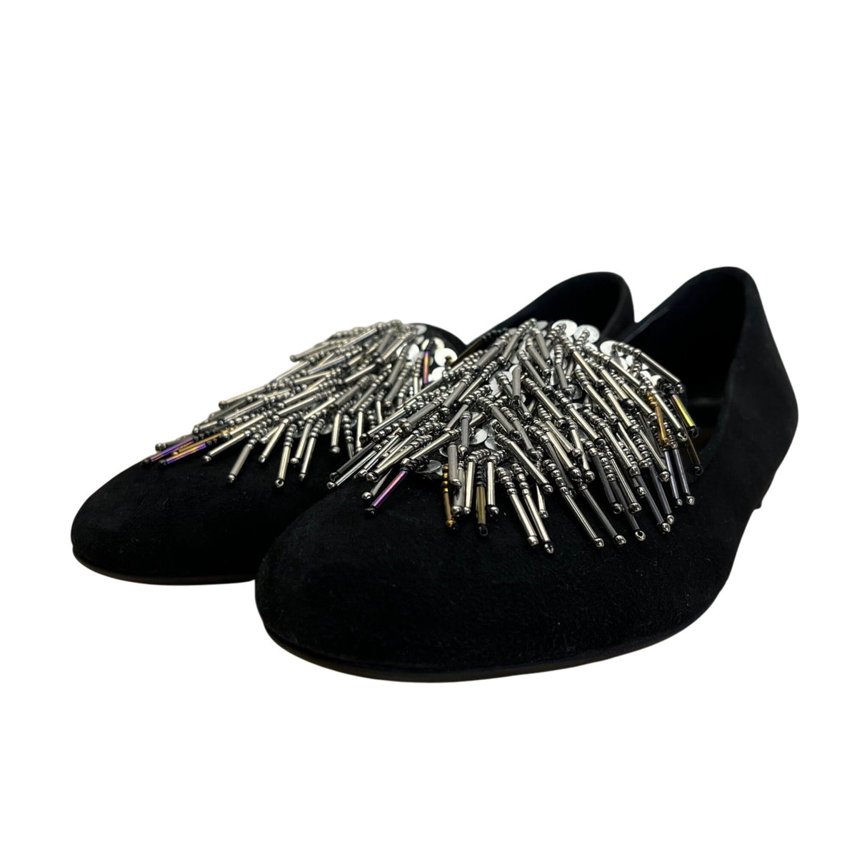 Sesto Meucci Black Suede With Beaded Fringe Embellishment Loafers Sz 7.5 N