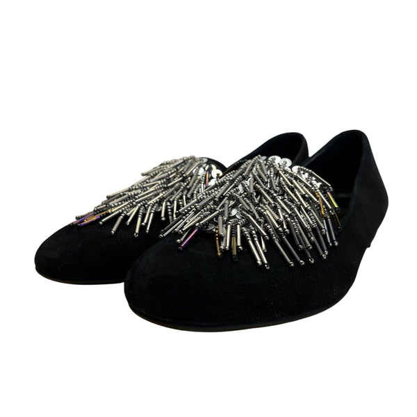 Sesto Meucci Black Suede With Beaded Fringe Embellishment Loafers Sz 7.5 N