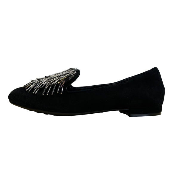 Sesto Meucci Black Suede With Beaded Fringe Embellishment Loafers Sz 7.5 N