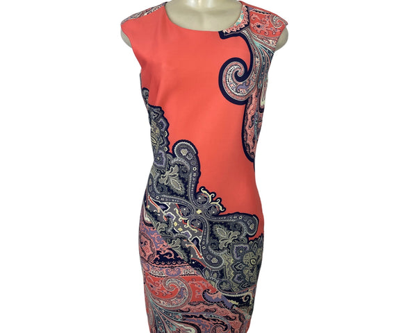 Cb Sleeveless Coral Paisley Sheath Dress With Back Zipper Closure Size 4