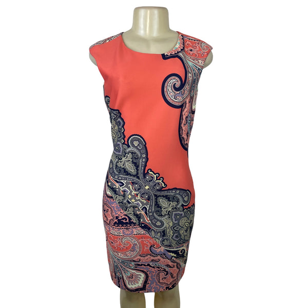 Cb Sleeveless Coral Paisley Sheath Dress With Back Zipper Closure Size 4