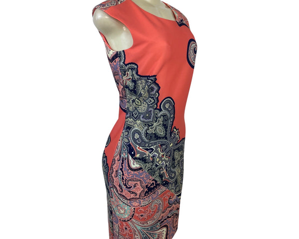 Cb Sleeveless Coral Paisley Sheath Dress With Back Zipper Closure Size 4