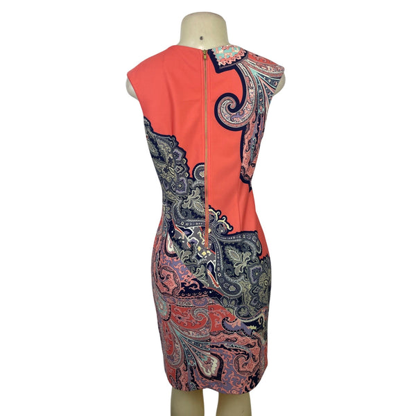 Cb Sleeveless Coral Paisley Sheath Dress With Back Zipper Closure Size 4