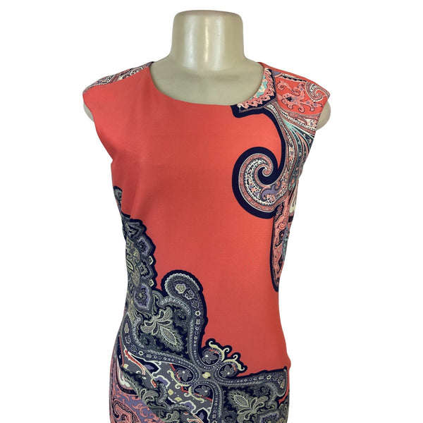 Cb Sleeveless Coral Paisley Sheath Dress With Back Zipper Closure Size 4