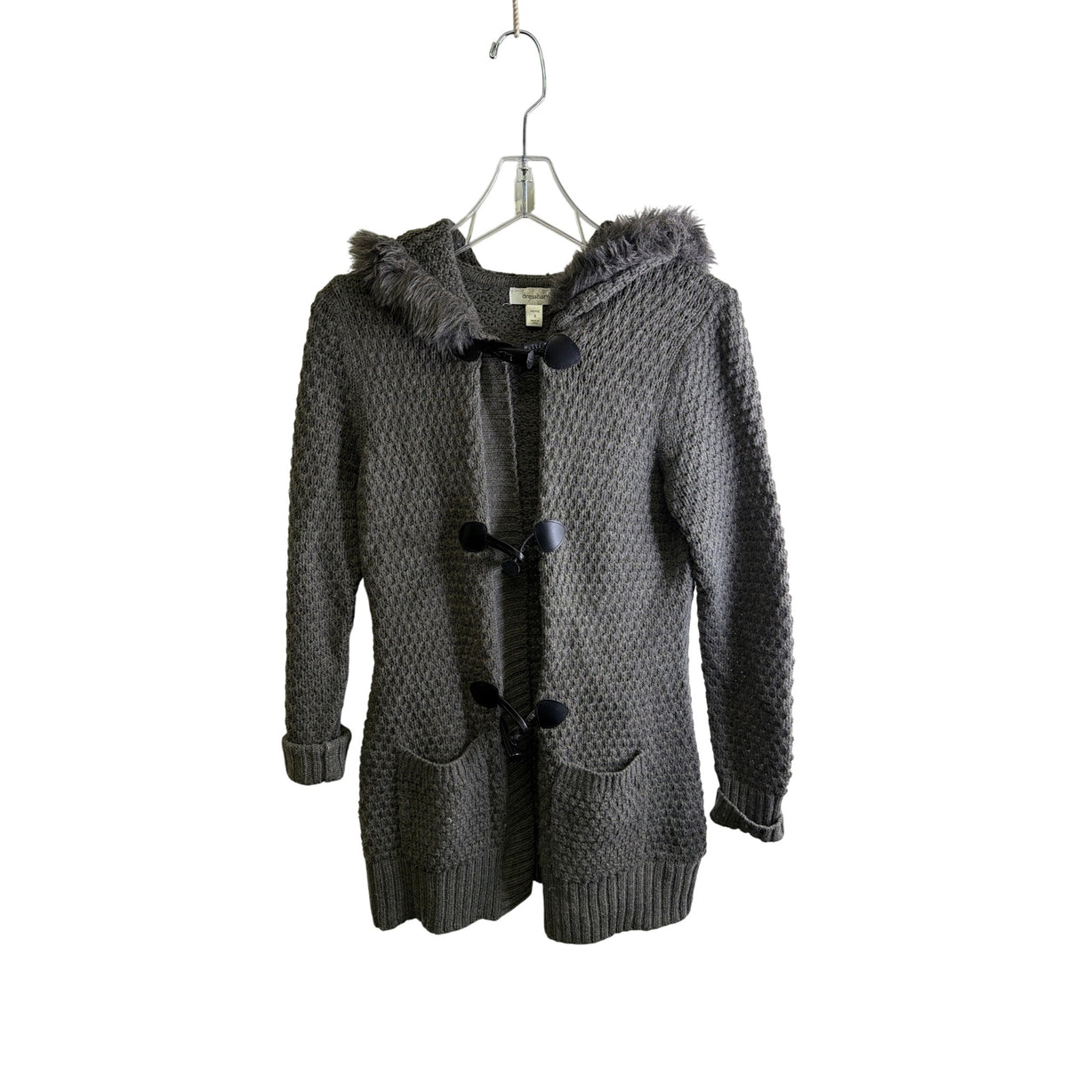 Dressbarn Womens Gray Knit Cardigan With Faux Fur Trim Hood & Toggle Closure Size S