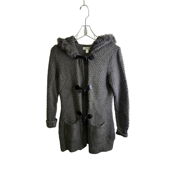Dressbarn Womens Gray Knit Cardigan With Faux Fur Trim Hood & Toggle Closure Size S