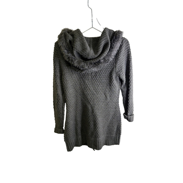 Dressbarn Womens Gray Knit Cardigan With Faux Fur Trim Hood & Toggle Closure Size S