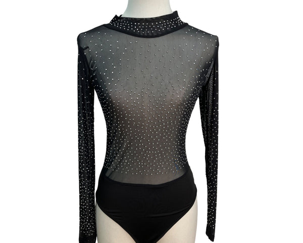 Sheer Black Long Sleeve Bodysuit With High Neck & Back Zipper Closure Size S
