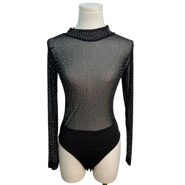 Sheer Black Long Sleeve Bodysuit With High Neck & Back Zipper Closure Size S