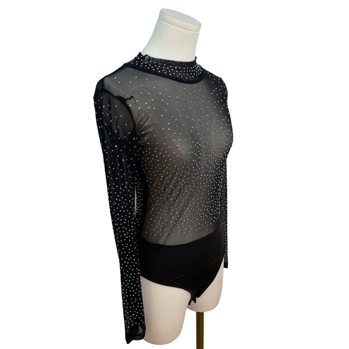 Sheer Black Long Sleeve Bodysuit With High Neck & Back Zipper Closure Size S