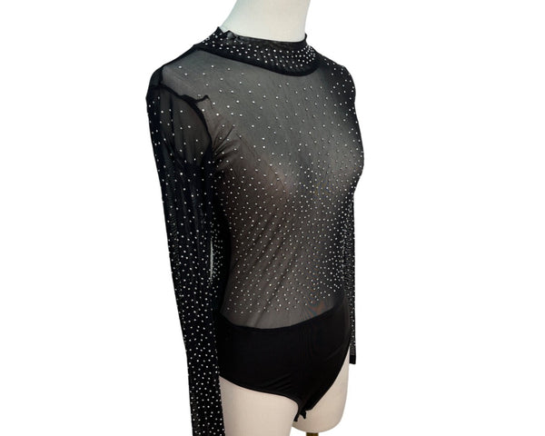 Sheer Black Long Sleeve Bodysuit With High Neck & Back Zipper Closure Size S