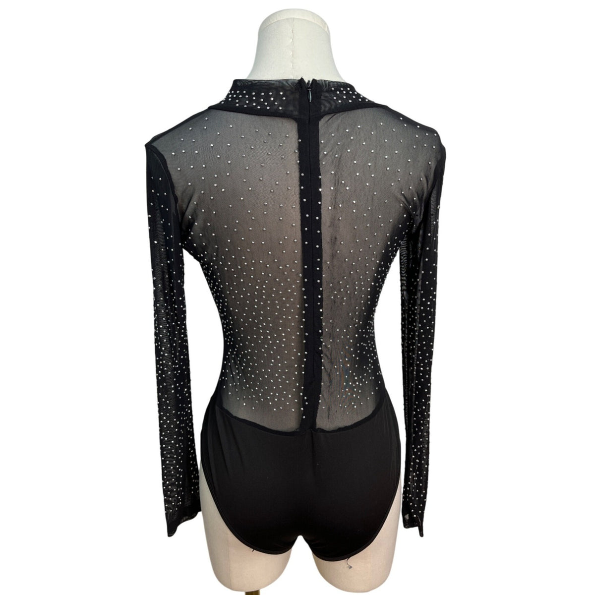 Sheer Black Long Sleeve Bodysuit With High Neck & Back Zipper Closure Size S