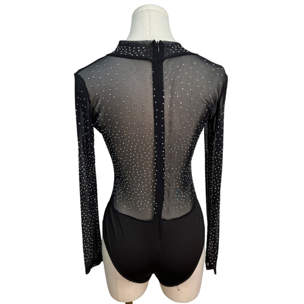 Sheer Black Long Sleeve Bodysuit With High Neck & Back Zipper Closure Size S