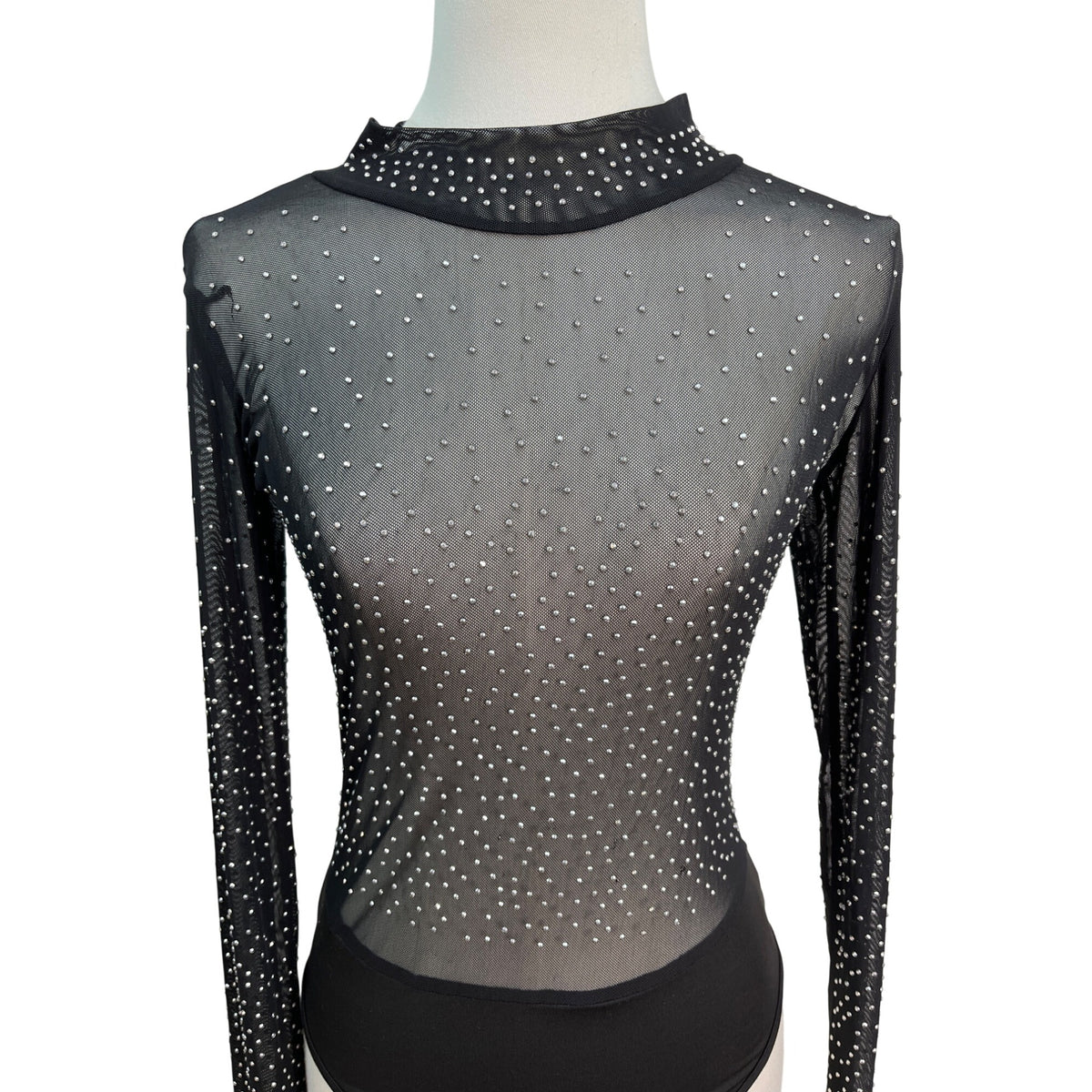 Sheer Black Long Sleeve Bodysuit With High Neck & Back Zipper Closure Size S