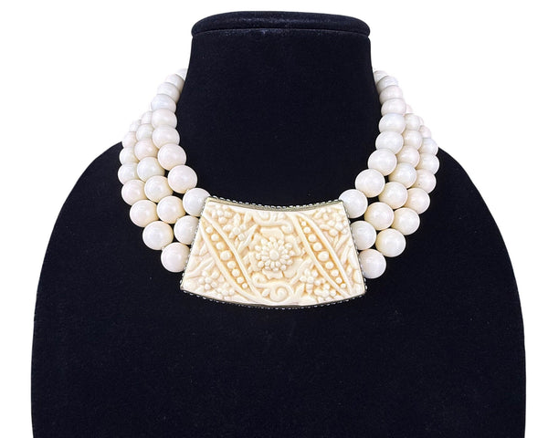 Vintage Ornate Cream Beaded Necklace With Intricate Centerpiece Adjustable Length